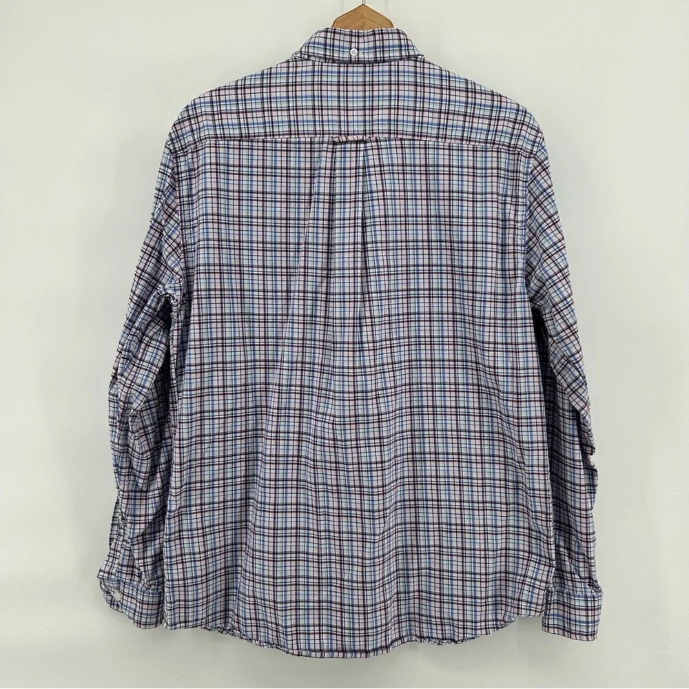 Le Tigre Men’s Long Sleeve Plaid Flannel Shirt Sz L Logo Blue Pink‎ Preppy Soft